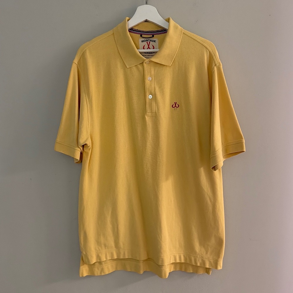 Montauk Tackle Co Mens Large Yellow Cotton Pique Short Sleeve Fishing Polo Shirt